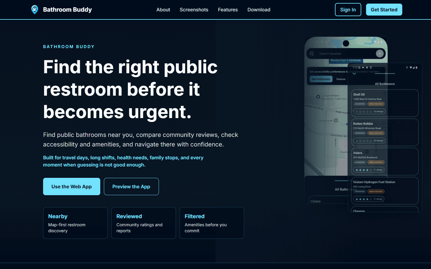 Bathroom Buddy website showing the map-first public restroom application