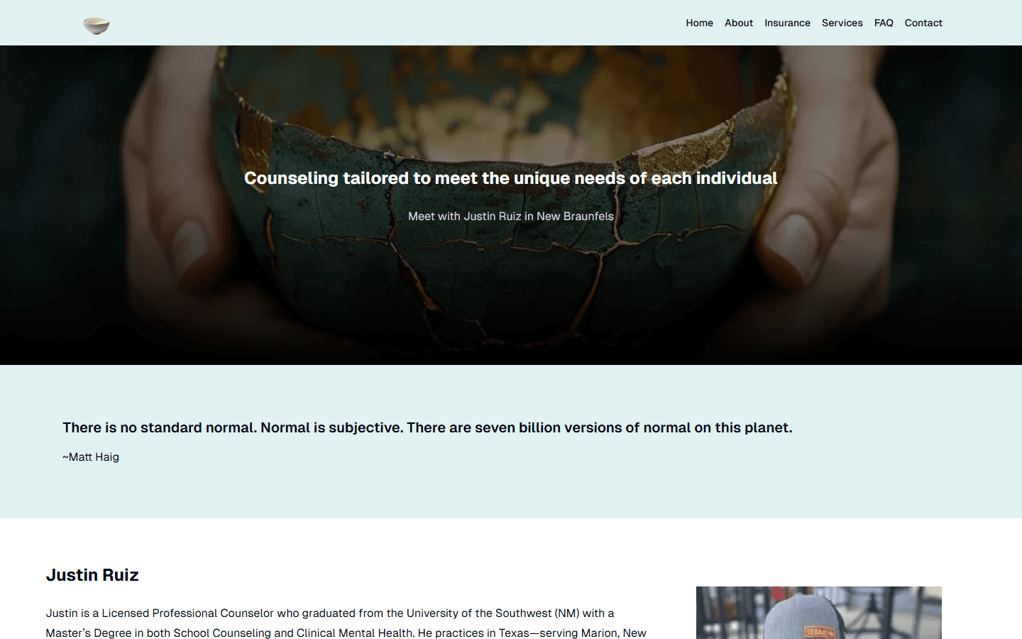 Justin Ruiz Counseling website with a repaired ceramic bowl hero image